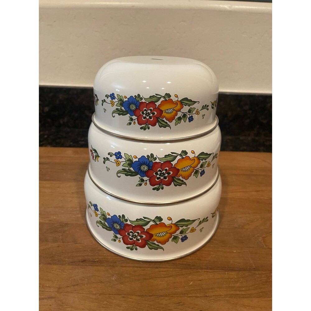 3 Enamelware Nesting Bowls with flowers and heavy brass rim